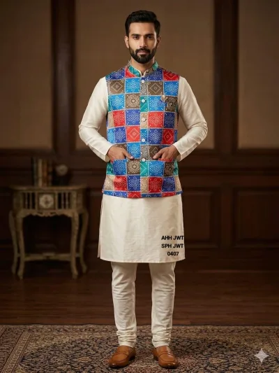 Men’s Multicolor Patchwork Ethnic Nehru Jacket Kurta Set